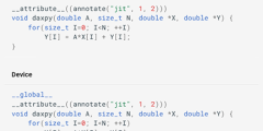 Proteus code snippets showing how the user annotates host functions and device kernel functions