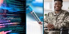 collage of code on a screen, a vial of blood, and a soldier