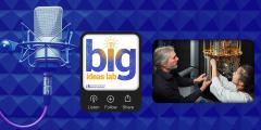microphone, podcast logo, and photo of two people with a quantum computer