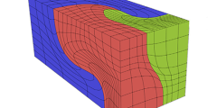 3D rectangle divided into an irregular mesh colored blue, red, and green