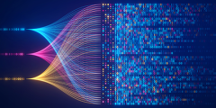 stock image of three data inputs depicted as groups of strands in blue, pink, and yellow, which start out separately but expand and converge into multicolored ones and zeros