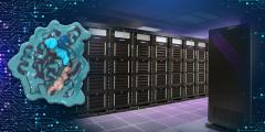supercomputer photo overlaid with a cancer molecule