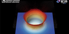 simulation of  a red and blue splash ring on a black background with LLNL and SC25 logos