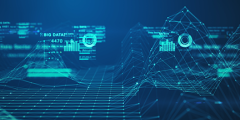 stylized 3D graphic of data, lines, dots, and shapes connected on a network with peaks and valleys