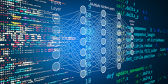 stylized graphic of code overlaid with a neural network diagram