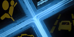 blue lines radiating along crossed roads with icons depicting airbags, check engine, and lane departure