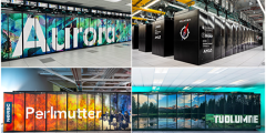 collage of four HPC system photos: Aurora, Frontier, Perlmutter, and Tuolumne