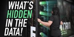 a person looking into a supercomputer cabinet with text overlay "what's hidden in the data!"