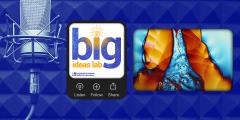 microphone, Big Ideas Lab podcast logo, and part of a colorful simulation on a blue background