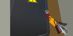screen shot from VR rendering showing the user locking an electrical storage cabinet