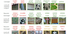 3x8 grid of various images bordered in red, yellow, or green, and labeled according to neuron concept vs. UnCLIP steered output, and discarded SAE vs. retained SAE vs. CB neurons