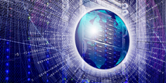 stock image of Earth superimposed over a supercomputer's rack with radiating lines