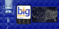 microphone, Big Ideas Lab podcast logo, and lights across the continental U.S. on a blue background
