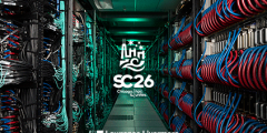 looking down between rows of the El Capitan supercomputer with cables exposed overlaid with SC26 and LLNL logos