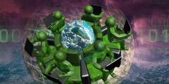 artist rendering of people collaborating around the world with clouds and binary numbers