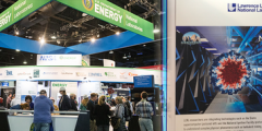 collage of the DOE booth and Mike standing next to a Sierra poster