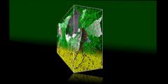 LLNL scientists use novel methods of in silico microscopy to reveal defects in the crystal lattice (green and red line objects and gray surface objects at the top) while removing all the atoms (yellow balls at the bottom) for clarity