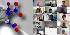 model of a molecule next to a screen shot of webex meeting participants in video chat