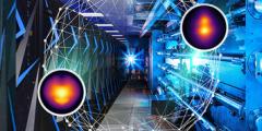 Sierra supercomputer and National Ignition Facility photos combined with abstract graphic representing experimental data and simulations