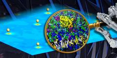 robot hand holding a magnifying glass over an artist's rendering of protein interactions