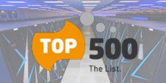 Top500 logo overlaid on a photo of the Sierra supercomputer