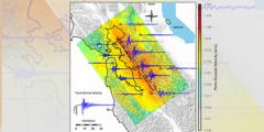 Simulated strength of shaking from a magnitude 7.0 Hayward Fault earthquake showing peak ground velocity (colorbar) and seismograms (blue) at selected locations (triangles)