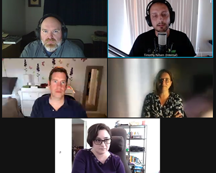 Five people in a video chat grid during the panel session, with Tim’s chat window highlighted