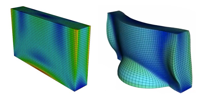 two blue and green 3D renderings of a rectangular dam on a mesh, one with flat sides and one with curves responding to stress