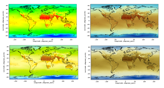 four Mercator-like maps of the world with varying degrees of coloration