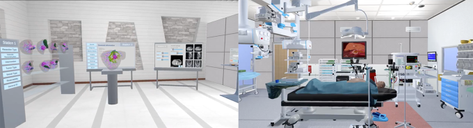 A screenshot of the surgical planning room shows stations containing liver diagrams and models (left). A screenshot of the virtual operating room shows a patient lying down surrounded by medical equipment (right).