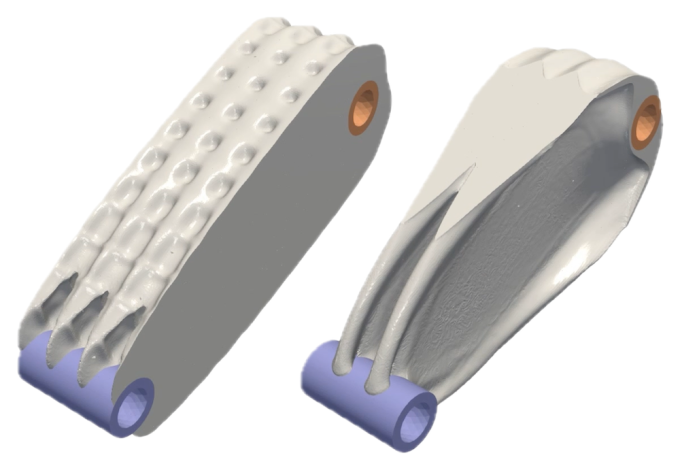 one semi-rectangular 3D gray shape with a hole at each end is shown at left, with its shape-optimized version at right where some of the gray material has been removed to reveal the bracket design