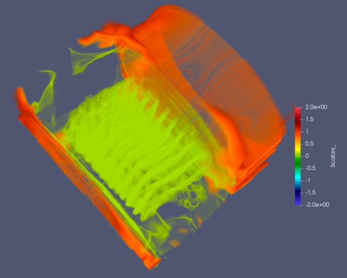 red and green computed tomography image of a cylinder with scale bar and gray background