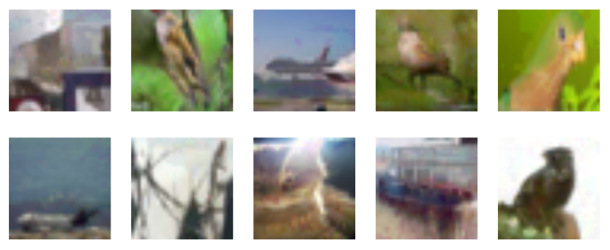 two rows of five blurred images that are difficult to discern the subject (such as airplane or bird)