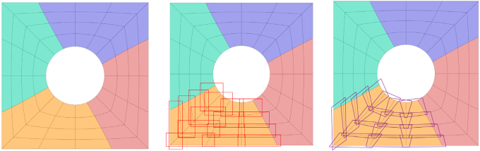 three squares divided into four-color meshes radiating out from a white circular center; each is overlaid with different types of grids at bottom left
