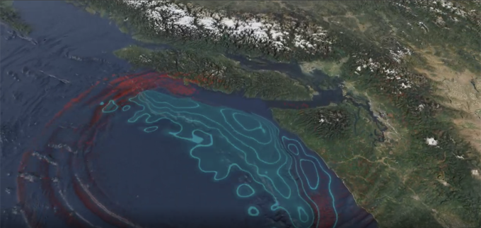 map of Pacific Northwest showing simulated tsunami propagation from a high-magnitude earthquake