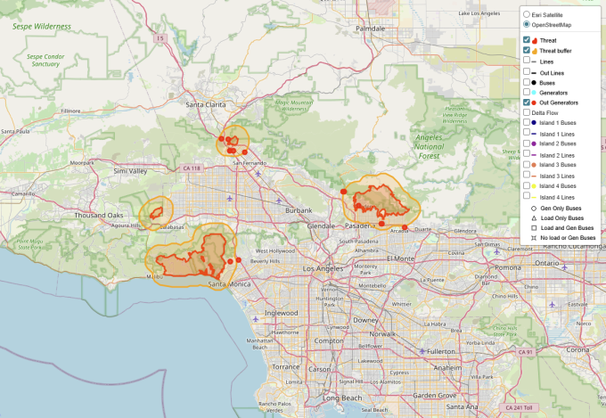 Los Angeles area map with four fires outlined in red and orange and disabled generators marked as red dots