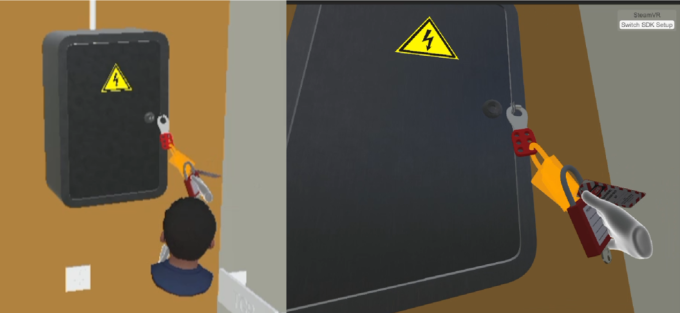 two screen shots from VR rendering showing the user locking an electrical storage cabinet