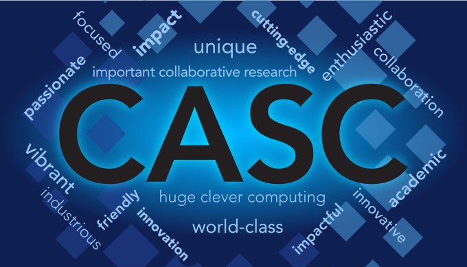 blue background with blue diamond shapes overlaid with the word CASC and other text: passionate, focused, impact, unique, cutting-edge, enthusiastic, collaboration, important collaborative research, vibrant, industrious, friendly, innovation, world-class, huge clever computing, impactful, innovative, academic