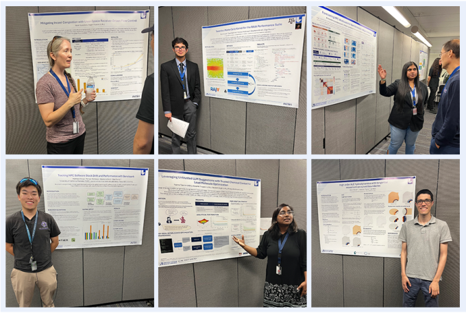3x2 collage of students next to their research posters, which are mounted on gray panels