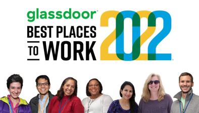 banner: "Glassdoor best places to work 2022" with happy people under it