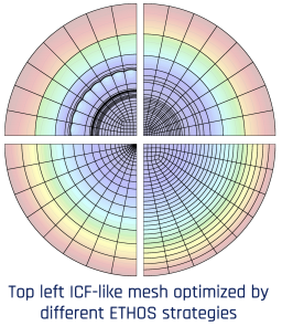 ICF-like mesh in four quadrants optimized by four ETHOS strategies