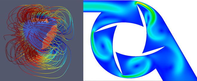 simulation on left of rainbow-colored heart with lines flowing in and out; simulation on right showing fluid as blue and green swirls emerging from the points of the turbine’s vanes