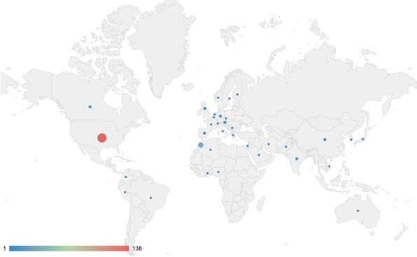 Map of the world with colored dots marking relative numbers of participants across dozens of countries