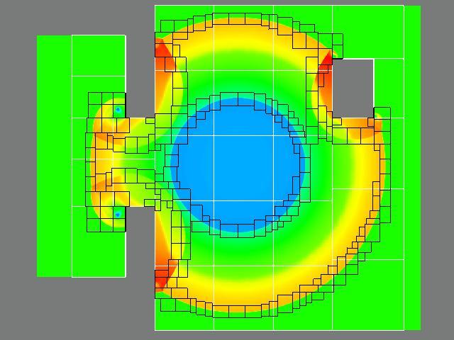  Figure 1: SAMR allows one to focus mesh refinement and computational effort near features that require high resolution, such as shock fronts in this hydrodynamics calculation. Grid “patches" on the finest resolution level in the SAMR grid hierarchy are s