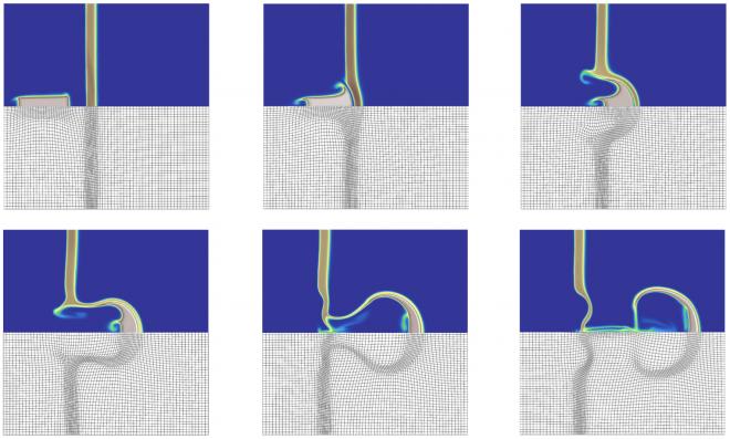 six incremental simulations showing movement on a mesh