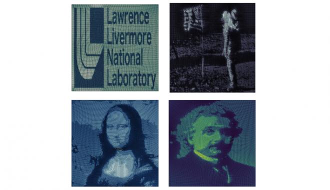 LLNL logo, astronaut on the moon, the Mona Lisa, Albert Einstein