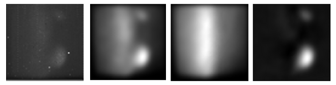 Figure 1. Processing of a single image from a 300 frame sequence: from left to right - raw image; after denoising; the background plasma; the image after the background has been divided out. 