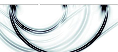  Figure 1. Magnitude of the displacement due to a point force on the free surface. The solution is shown at times t=2.6 (top) and t=7.8 (bottom). Note how the small bump on the left side of the free surface acts as a scatterer, creating a new family of P,